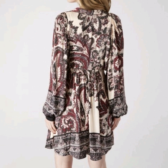 Free People , Say You Love Me , Burgundy and Cream Long Sleeve Dress - Picture 3 of 8